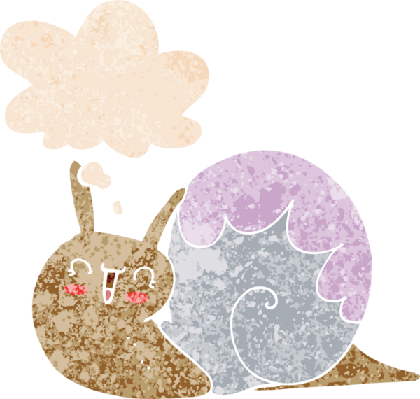 Tatlı çizgi film salyangozu. Düşünce baloncuğu ve grunge dertli retro desenli bir insan tarafından çizilmiş.