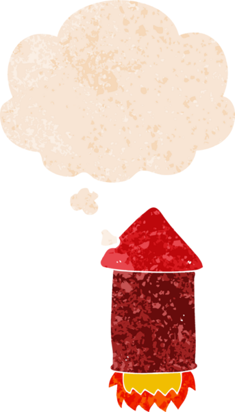 Düşünce baloncuklu çizgi film roketi grunge sıkıntılı retro desen bir insan tarafından çizilmiş