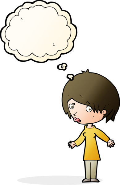 Bir insan tarafından çizilmiş düşünce baloncuğuyla omuz silken çizgi film kadını.