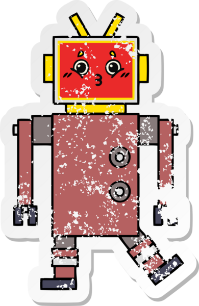 Bir insan tarafından çizilmiş sevimli bir robot çizgi film çıkartması.