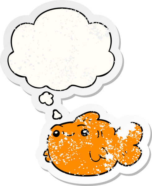 Düşünce baloncuklu karikatür balığı insan tarafından çizilmiş yıpranmış bir çıkartma gibi.