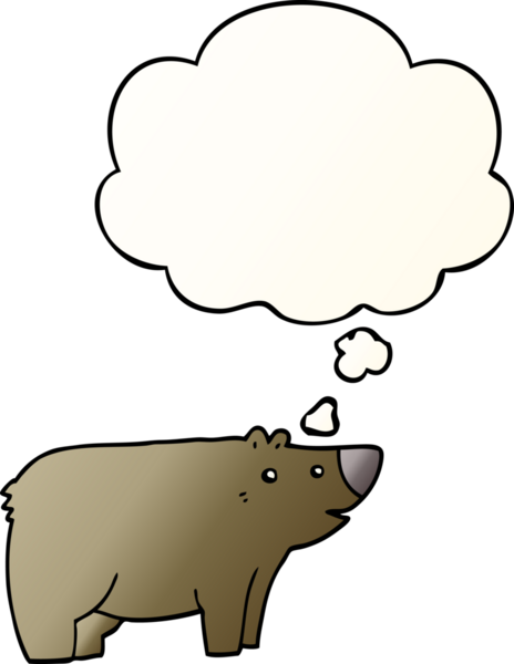 Bir insan tarafından çizilmiş yumuşak eğimli düşünce baloncuklu çizgi film ayısı.