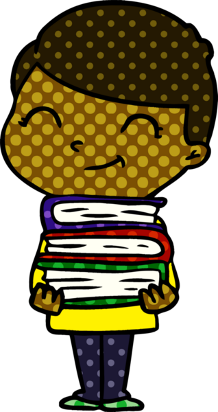 Bir insan tarafından çizilmiş kitapları olan çizgi film çocuğu.