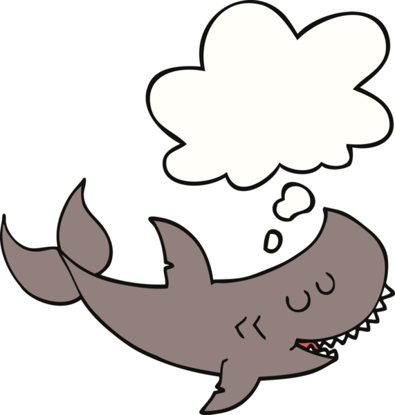 Bir insan tarafından çizilmiş düşünce baloncuklu çizgi film köpekbalığı.