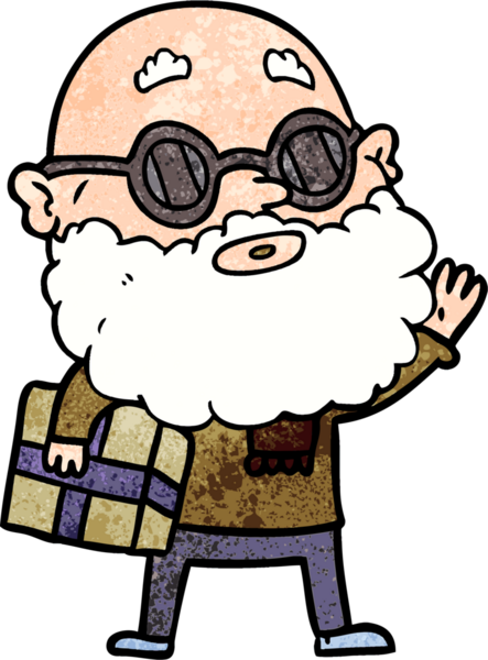 Çizgi film meraklısı, sakallı, güneş gözlüklü ve bir insan tarafından çizilmiş.