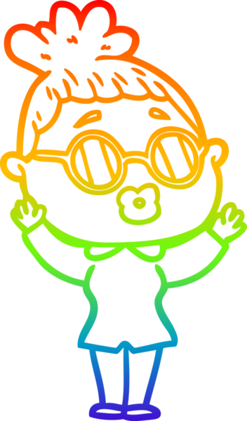 Bir insan tarafından çizilmiş gözlük takan bir karikatür kadının çizimi.