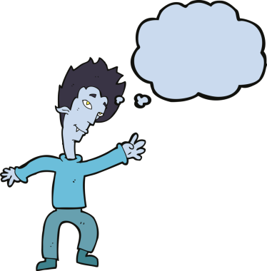 Bir insan tarafından çizilmiş düşünce balonlu cadılar bayramı vampiri çizgi filmi.