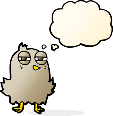 Bir insan tarafından çizilmiş düşünce baloncuklu komik çizgi film kuşu.