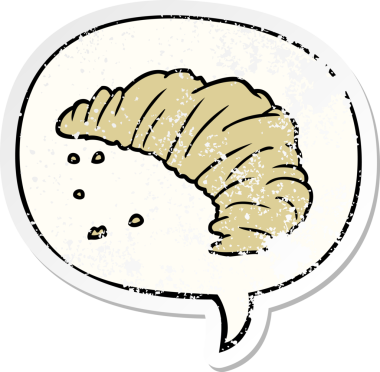 Konuşma baloncuklu çizgi film kruvasanı bir insan tarafından çizilmiş sıkıntılı eski bir çıkartma.