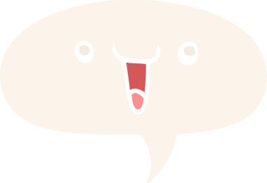 Bir insan tarafından çizilmiş eski tarz konuşma baloncuğu olan sevimli mutlu çizgi film yüzü.