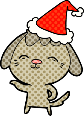 Mutlu el çizimi çizgi roman tarzı Noel Baba şapkası takan bir köpek insan tarafından çizilmiş.