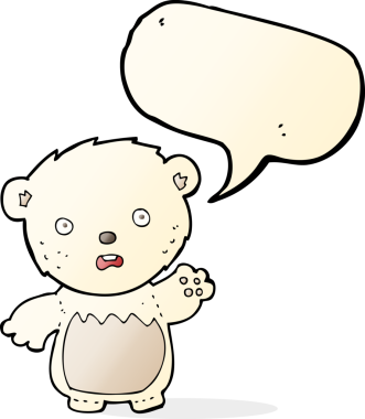 Bir insan tarafından çizilmiş konuşma balonlu endişeli kutup ayısı çizgi filmi.