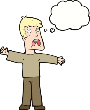 Bir insan tarafından çizilmiş düşünce baloncuğu olan korkmuş bir adam.