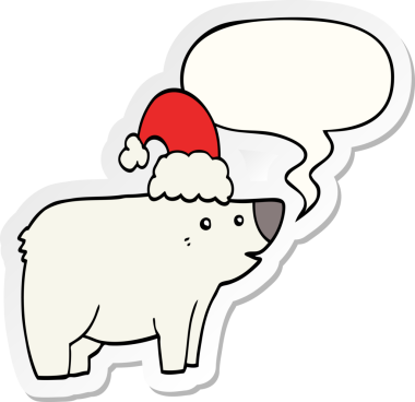 Bir insan tarafından çizilmiş balon çıkartmalı Noel şapkası takan çizgi film ayısı.