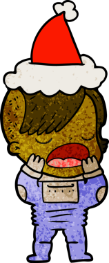 Uzay elbisesi içinde Noel Baba şapkası giyen havalı bir kızın insan tarafından çizilmiş el çizimi karikatürü.