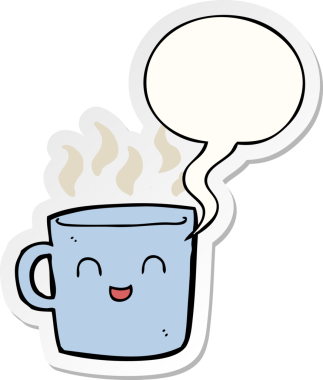 Bir insan tarafından çizilmiş konuşma balonu çıkartmalı şirin bir kahve fincanı karikatürü.