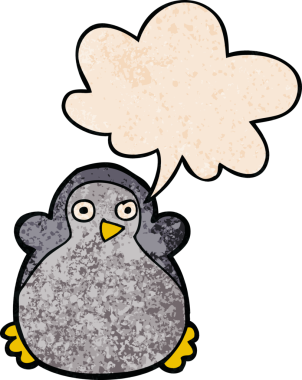 Konuşma baloncuğu olan karikatür pengueni insan tarafından çizilmiş.