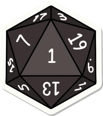 Bir insan tarafından çizilmiş doğal 1 D20 zar etiketi.