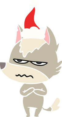 Bir insan tarafından çizilmiş Noel Baba şapkası giymiş rahatsız bir kurdun el çizimi düz bir çizimi.