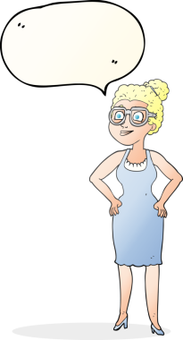 Bir insan tarafından çizilmiş gözlük takan serbest konuşma balonu karikatürü kadın.