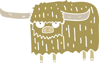 Bir insan tarafından çizilmiş düz renkli çizgi film kıllı inek