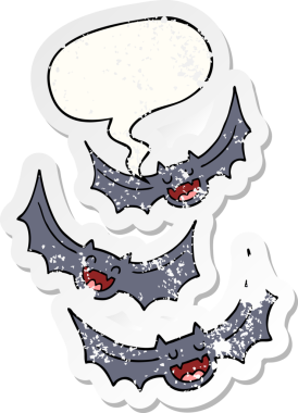 Konuşma baloncuğu olan vampir yarasalar insan tarafından çizilmiş sıkıntılı eski bir çıkartma.