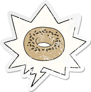 Konuşma baloncuklu çizgi film donutu bir insan tarafından çizilmiş sıkıntılı eski bir çıkartma