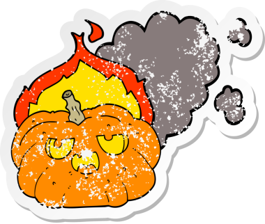 Bir insan tarafından çizilmiş alevli Cadılar Bayramı balkabağı karikatürü.