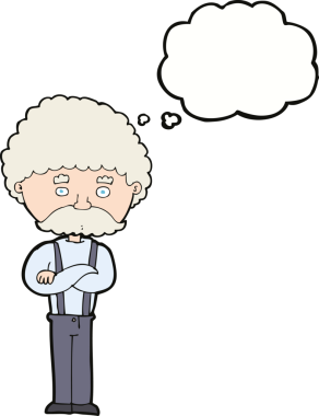 Bir insan tarafından çizilmiş düşünce baloncuğu olan yaşlı bir adam.