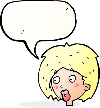 Bir insan tarafından çizilmiş konuşma balonuyla bakan karikatür kadın.