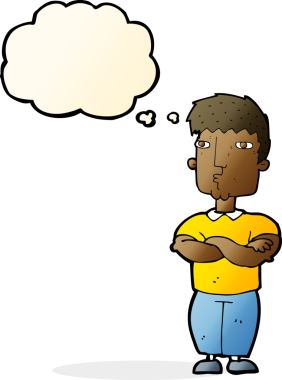 Bir insan tarafından çizilmiş düşünce balonlu çapraz kollu çizgi film adamı.