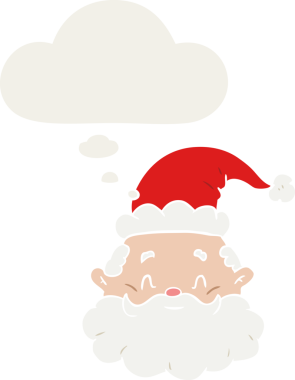 Düşünce baloncuğu olan karikatür noel baba insan tarafından çizilmiş.