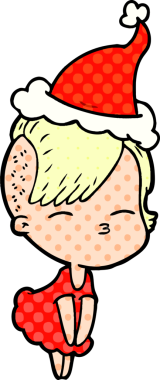 Bir insan tarafından çizilmiş Noel Baba şapkası giyen şaşı bir kızın el çizimi çizgi roman tasviri.