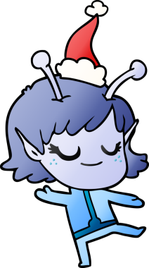 gülümseyen uzaylı kız el çizimi bir insan tarafından çizilmiş Noel Baba şapkası