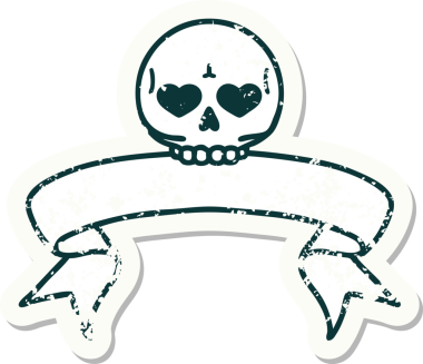 Bir insan tarafından çizilmiş kafatasının pankartıyla eski bir etiket.
