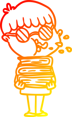 Sıcak bir çizgi film karakteri çizimi. Siyah gözlüklü bir çocuk. Elinde bir insan tarafından çizilmiş kitaplar.