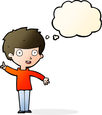 Bir insan tarafından çizilmiş düşünce baloncuğu fikri olan çizgi film çocuğu.