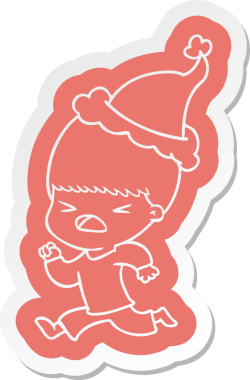 Bir insan tarafından çizilmiş Noel Baba şapkası giyen stresli bir adamın garip çizgi film çıkartması.