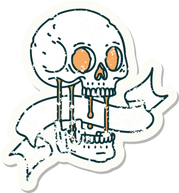 Bir insan tarafından çizilmiş kafatasının pankartıyla eski bir etiket.