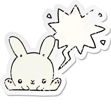 Konuşma baloncuğu olan çizgi film tavşanı bir insan tarafından çizilmiş sıkıntılı eski bir çıkartma