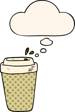 Çizgi roman tarzında bir insan tarafından çizilmiş düşünce balonlu kahve fincanı.