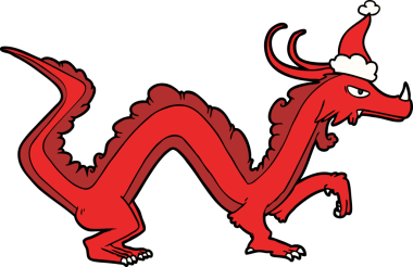 Bir insan tarafından çizilmiş Noel Baba şapkası giyen bir ejderhanın el çizimi.