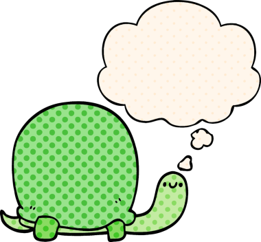 Çizgi roman tarzında bir insan tarafından çizilmiş düşünce baloncuğu olan sevimli bir karikatür kaplumbağa.