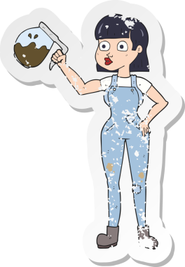 Bir insan tarafından çizilmiş bir kahveyle, kot pantolonlu bir karikatür kadının gerilimli çıkartması.