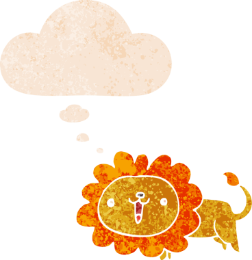 Homurdanan düşünce baloncuğu olan sevimli çizgi film aslanı bir insan tarafından çizilmiş dertli retro dokuma tarzı