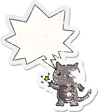 Çizgi film kedisi konuşma baloncuğuyla kaşınıyor. Bir insan tarafından çizilmiş sıkıntılı eski bir çıkartma.