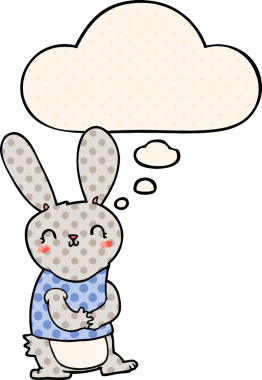 Bir insan tarafından çizilmiş çizgi roman tarzı düşünce baloncuğu olan sevimli çizgi film tavşanı.