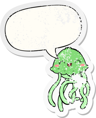 Konuşma balonlu şirin denizanası bir insan tarafından çizilmiş sıkıntılı eski bir çıkartma.