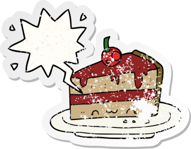 Konuşma balonlu çizgi film pastası bir insan tarafından çizilmiş sıkıntılı eski bir çıkartma