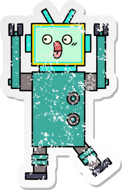 Bir insan tarafından çizilmiş sevimli bir robot çizgi film çıkartması.